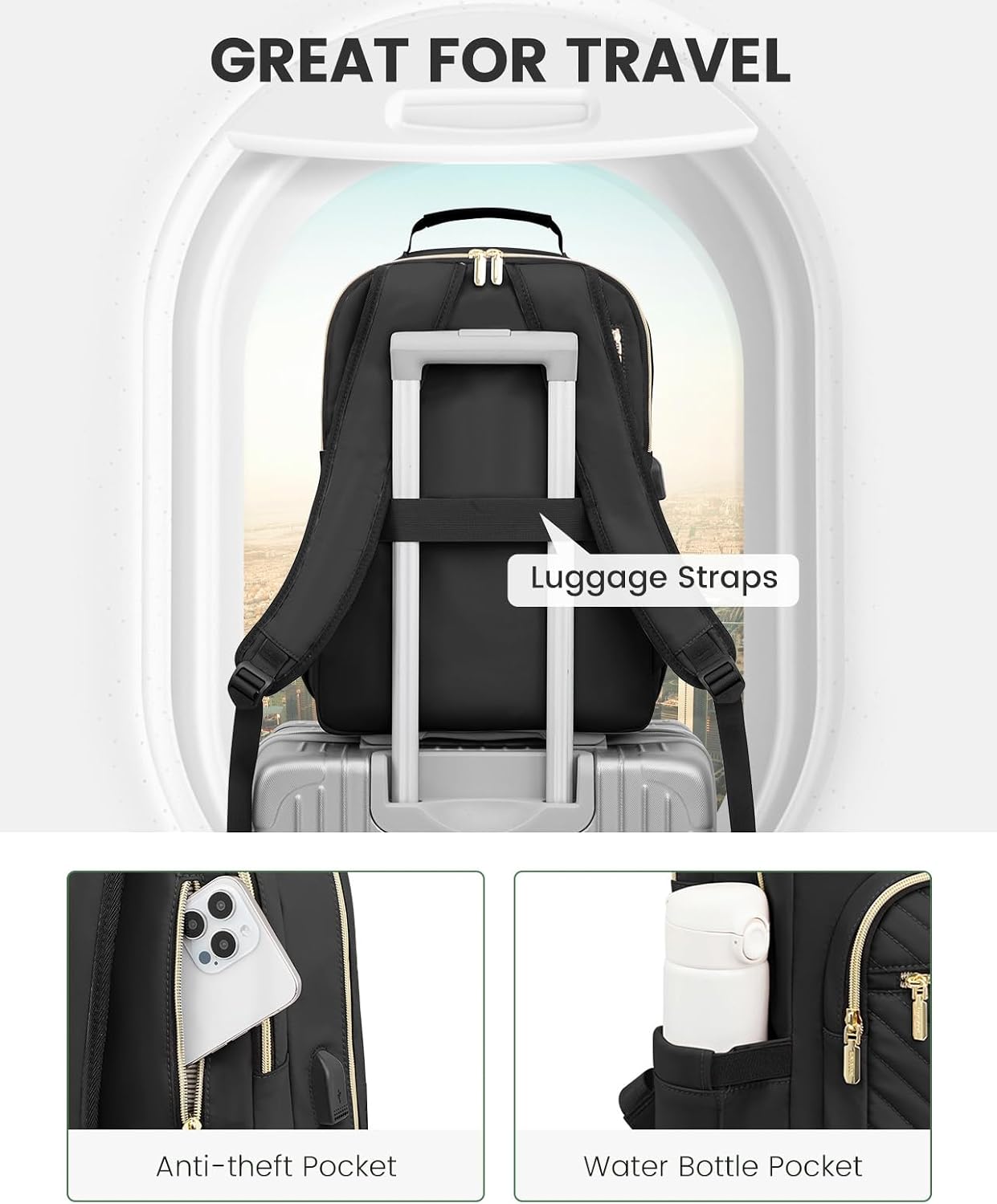 LOVEVOOK Laptop Backpack Purse for Women, Work Travel Computer Bags, College School Backpack for Student Girl, Quilted Casual Daypack with USB Port, Fit 15.6 Inch Laptop, Black
