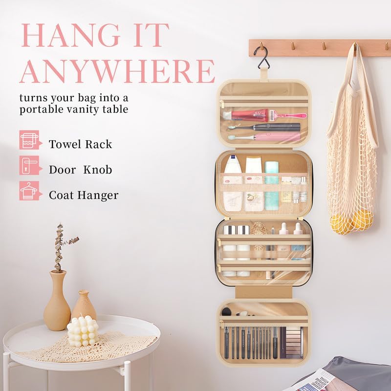 Large hanging toiletry bag opened and hung from a wall hook with four compartments holding toiletries and makeup brushes