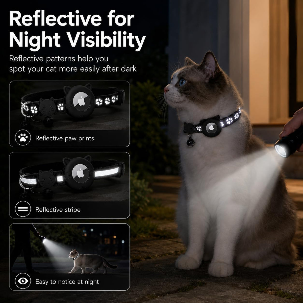 Reflective cat collar visible at night with paw print and reflective stripe patterns in a flashlight beam