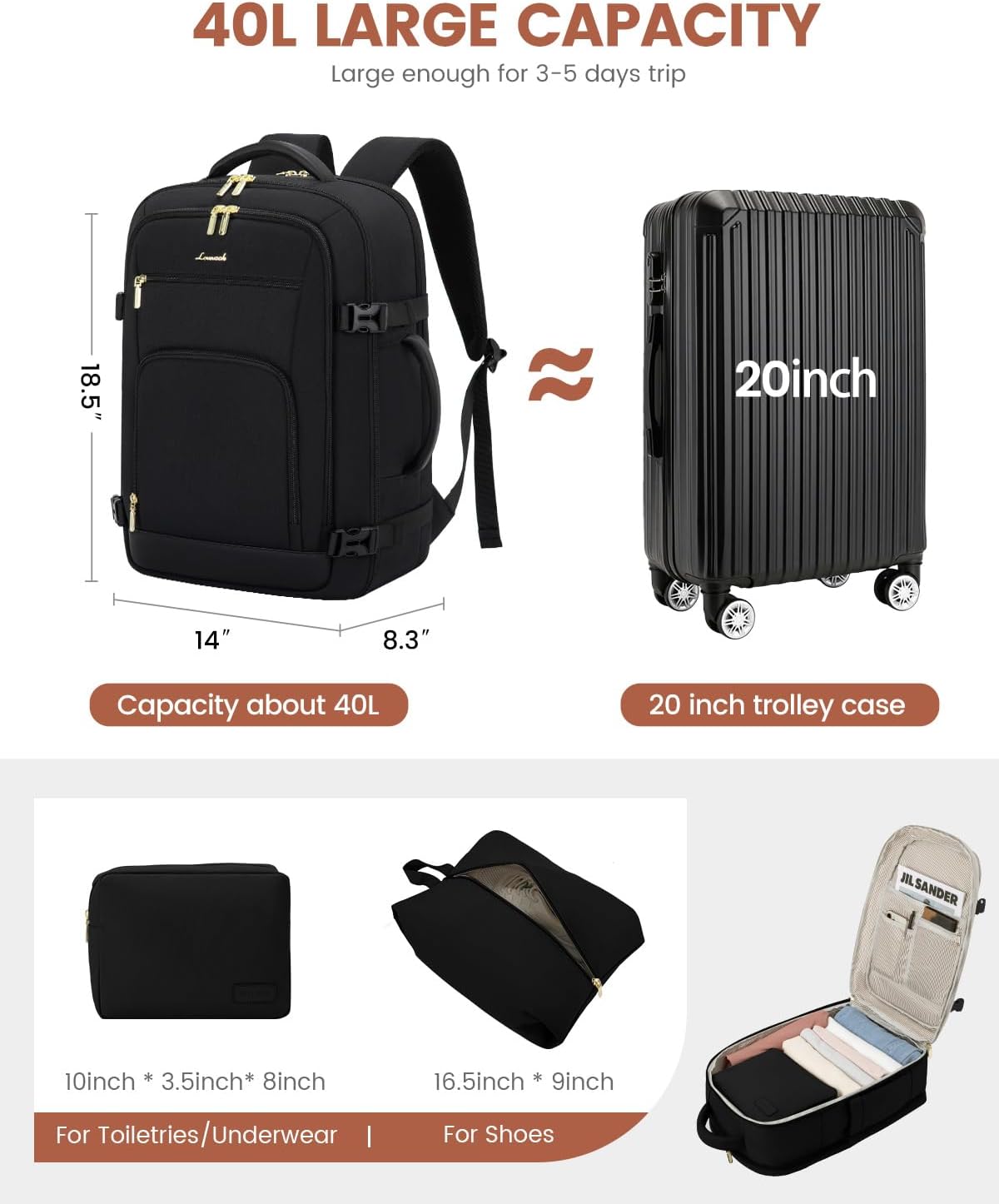LOVEVOOK Carry On Travel Backpack for Women Men Flight Approved, 40L Personal Item Backpack for Airplanes, Business Weekender Overnight Daypack Fits 17 Inch Laptop, with 2 Packing Cubes, Black