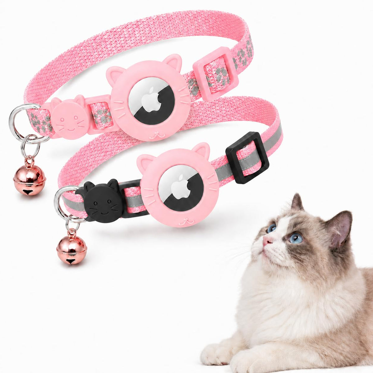Breakaway AirTag Cat Collar 2-Pack – Reflective Nylon Collars with Bell & Silicone Holder