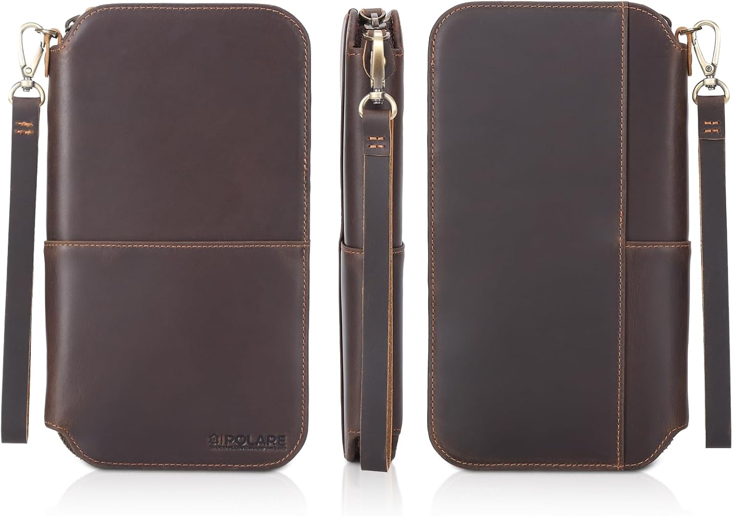 Polare Full Grain Leather Family Passport Holder Travel Wallet and Documents Organizer RFID Blocking Case Fits 6 Passports (Dark Brown with AirTag Slot)
