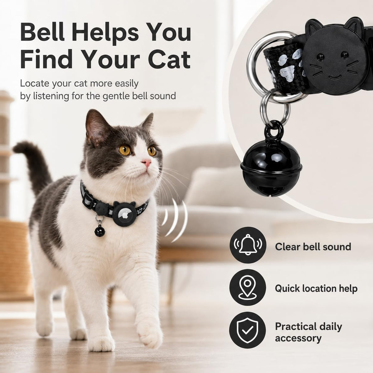 Cat wearing AirTag collar with a bell that helps you find your cat by sound