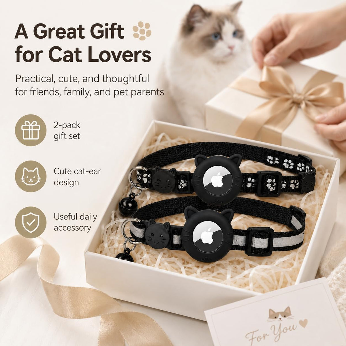 2-pack cat collars with AirTag holders in a gift box, a great gift for cat lovers