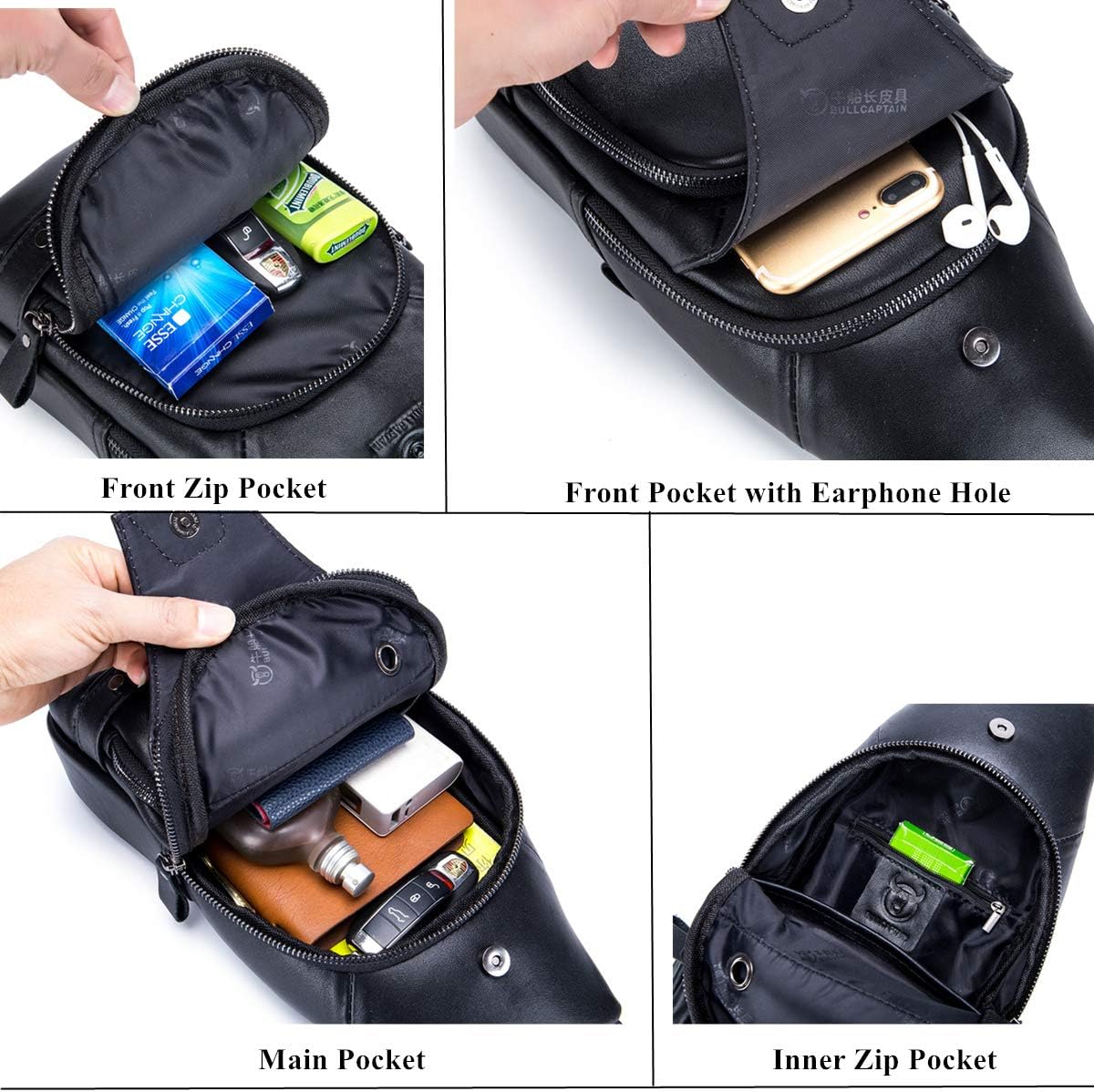 Four views of the sling bag showing the front zip pocket, earphone-hole pocket, main compartment and inner zip pocket