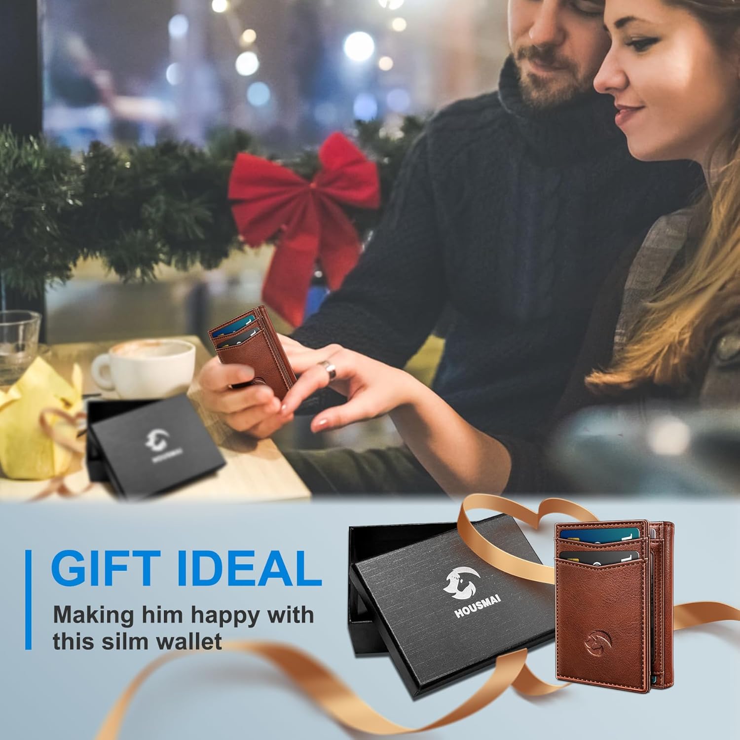Trifold Leather Wallet for Men,with Cash Pocket 2 ID Window 14-16 Cards Magnetic Closure Slim Wallet 4.0"*3.1", RFID Blocking Front Pocket Wallet with Gift Box