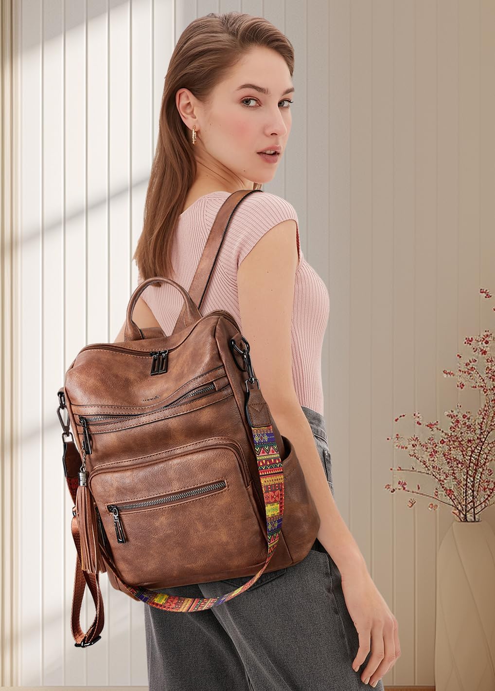 Vegan Leather Backpack Purse for Women with Adjustable Shoulder Bag | Water Resistant Fashion Designer Travel Backpack,Convertible Shoulder Bag with Wristlet,College Work(two-toned Brown)
