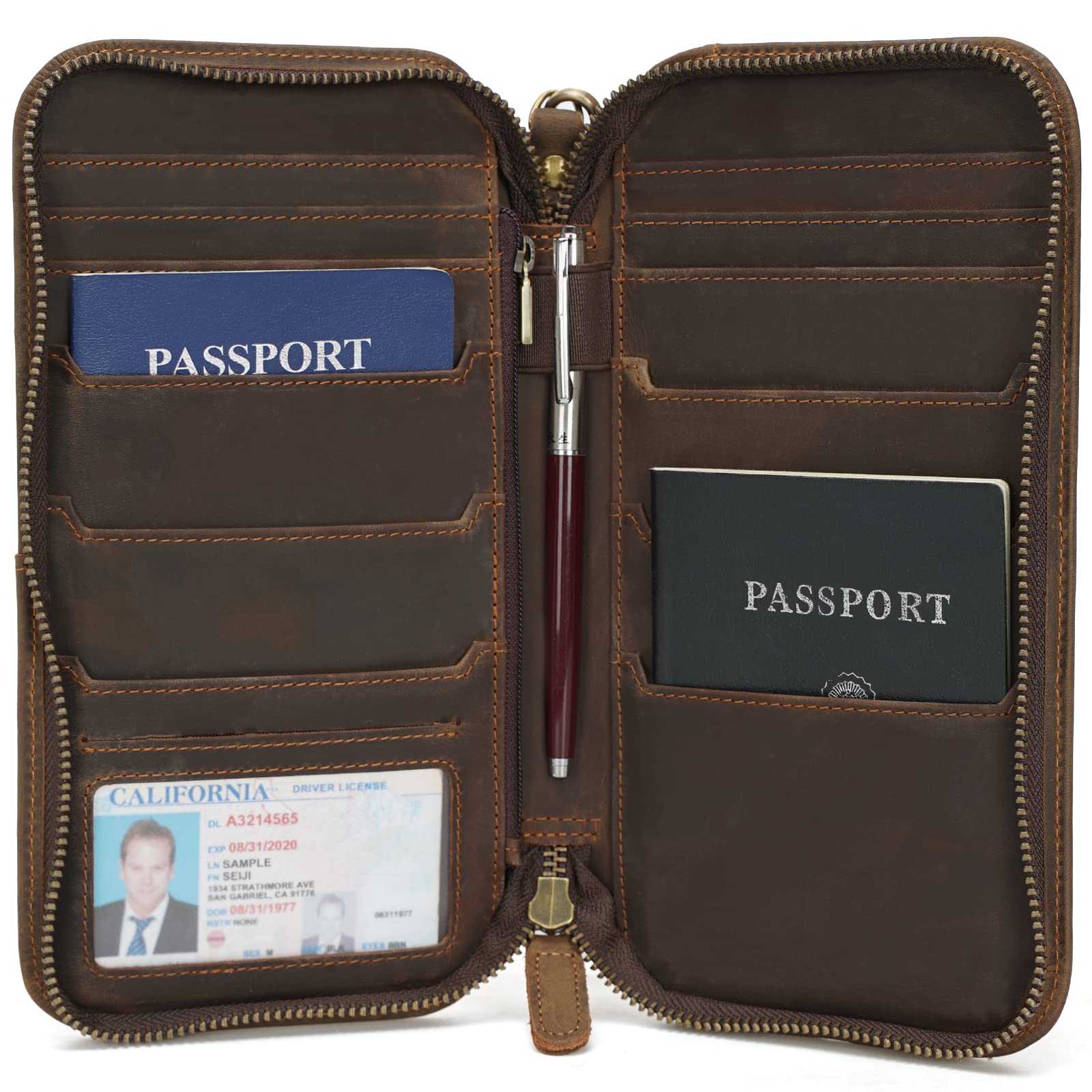 Leather Family Passport Wallet with AirTag Holder RFID Blocking