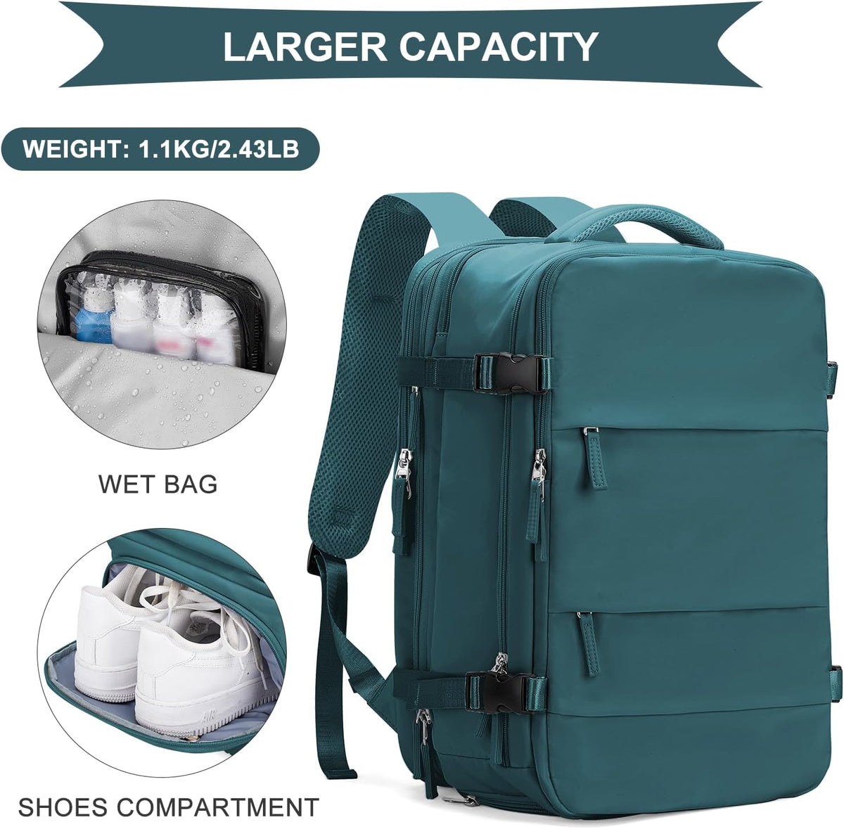 coowoz Large Travel Backpack For Women Men, Carry On Backpack,Hiking Backpack Waterproof Outdoor Sports Rucksack Casual Daypack Expandable Heavy Duty Extra large Backpack Peacock Blue