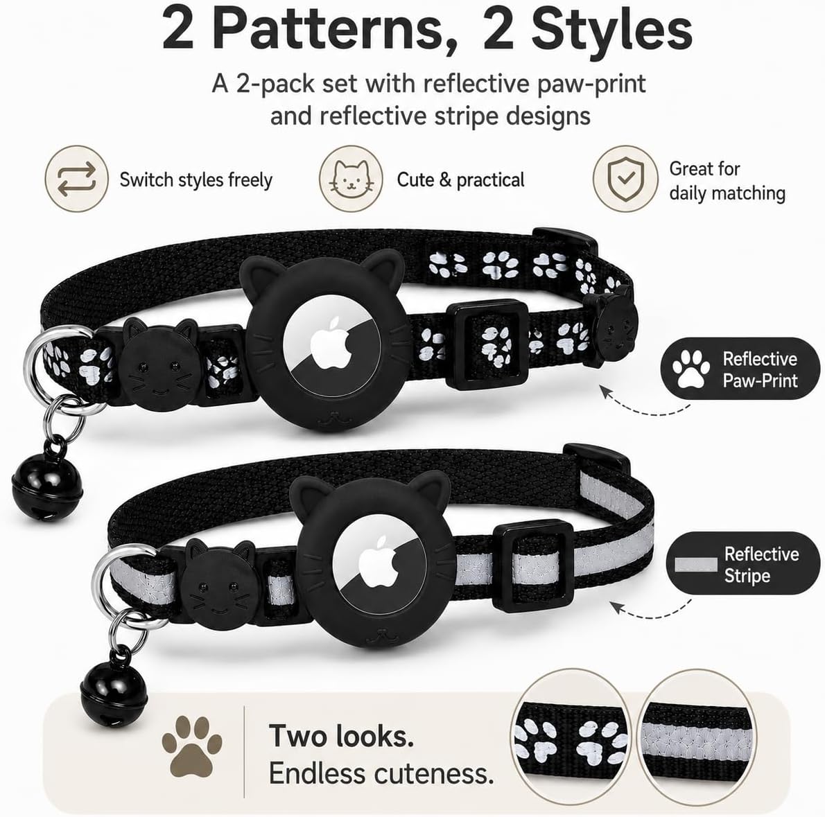 2-pack of reflective cat collars with paw print and reflective stripe designs