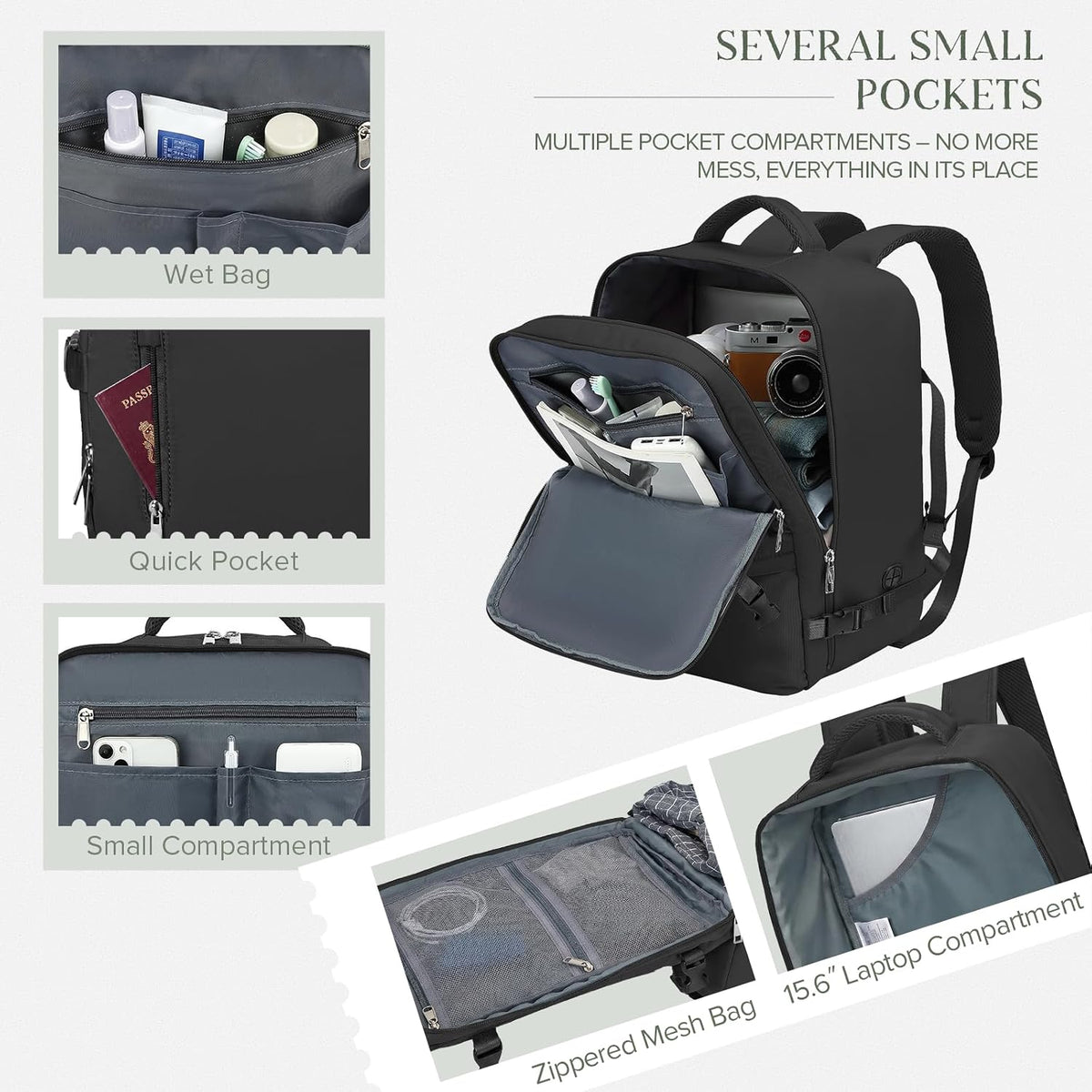 Backpack interior layout showing wet bag, quick-access pocket, small compartment, zippered mesh bag and 15.6 inch laptop compartment