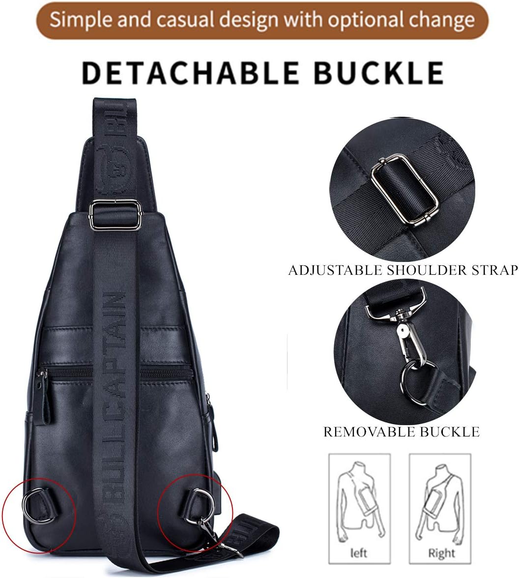 Back view of the leather sling bag showing the adjustable shoulder strap and detachable buckle for left or right shoulder wear
