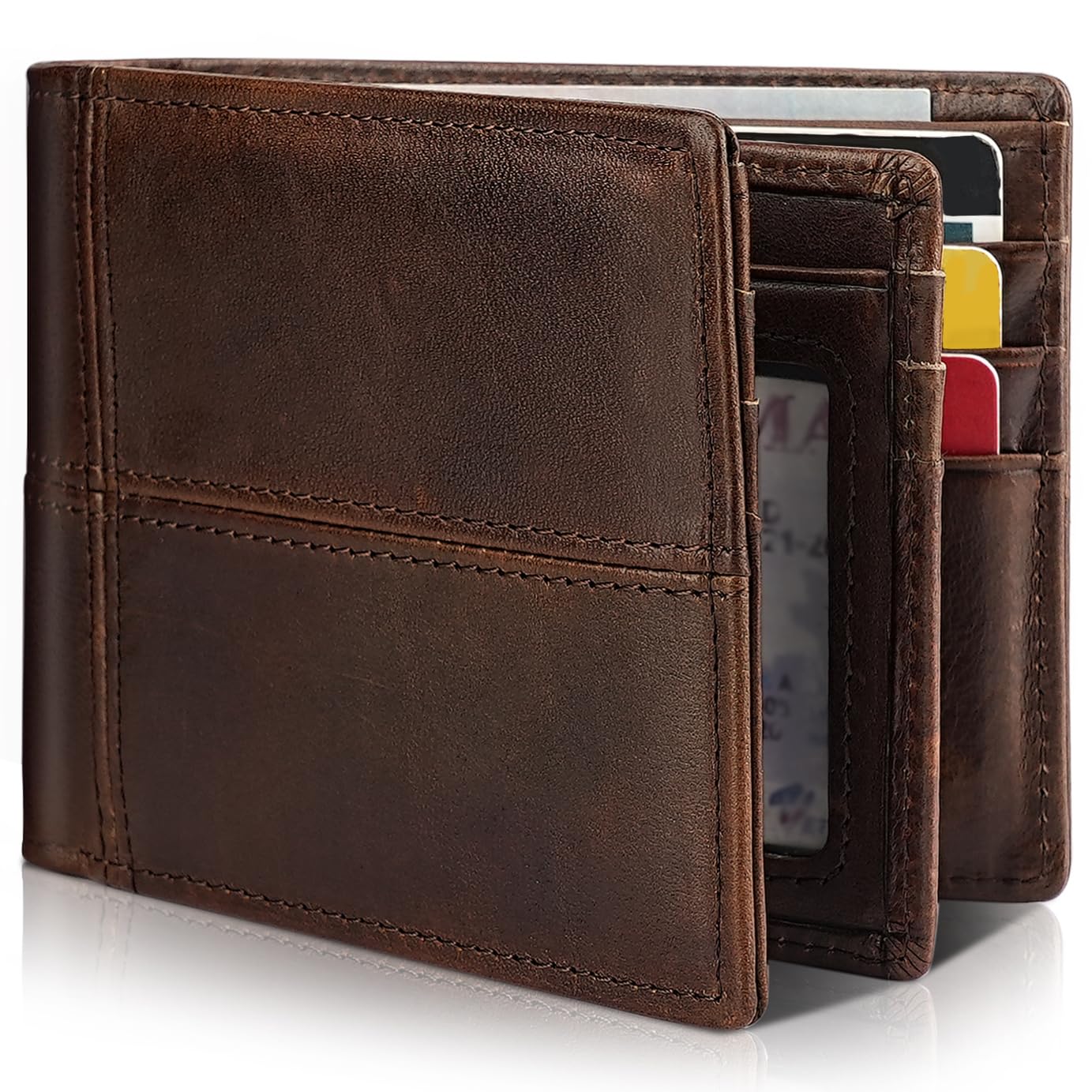 Men's Genuine Leather RFID Bifold Wallet 13 Card Slots Brown Gift Box