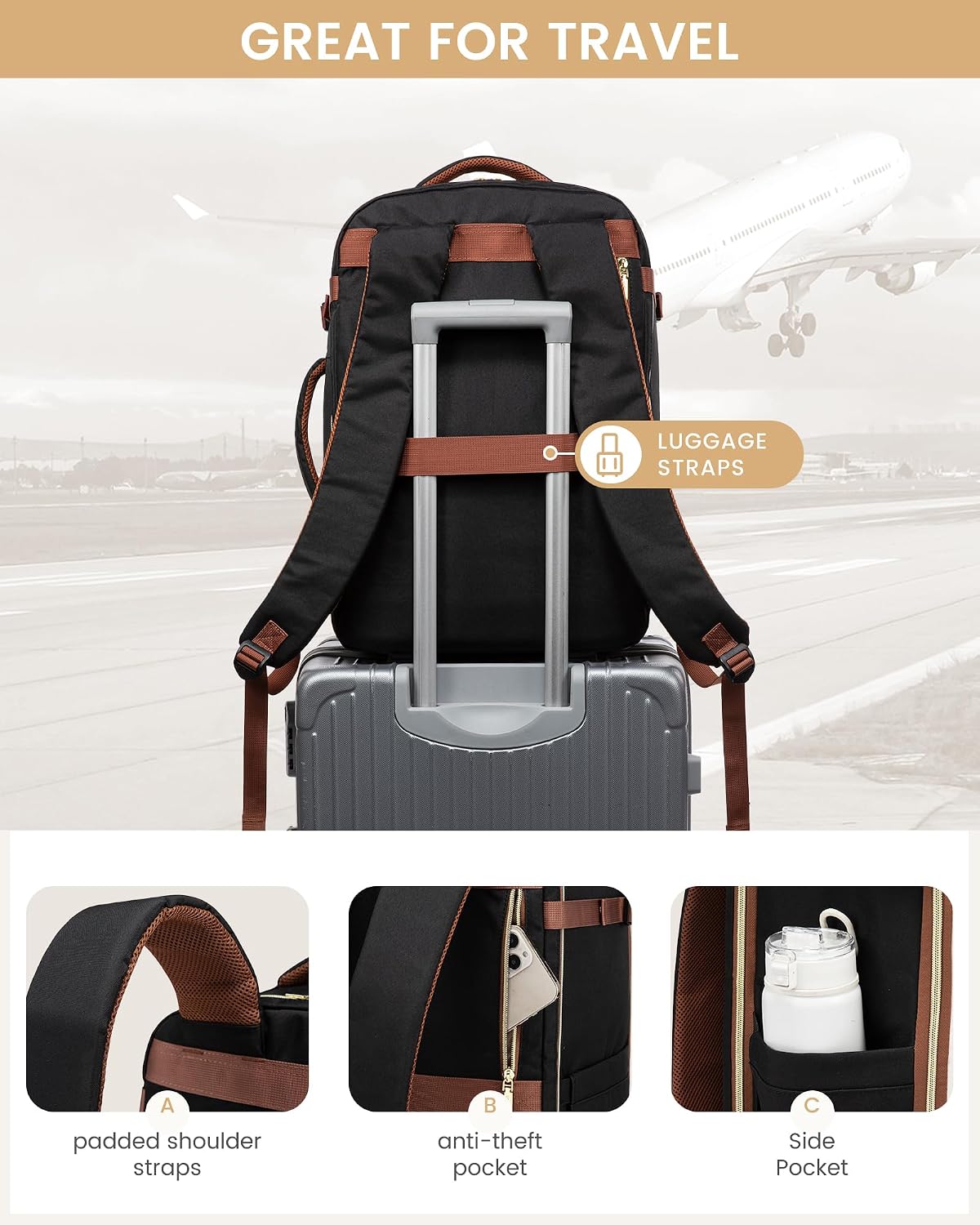LOVEVOOK Travel Backpack for Women, 40L Airline Approved Carry On Backpack Luggage with 3 Packing Cubes, TSA Personal Item Travel Bag, Waterproof Weekender Backpack Fits 17.3" Laptop