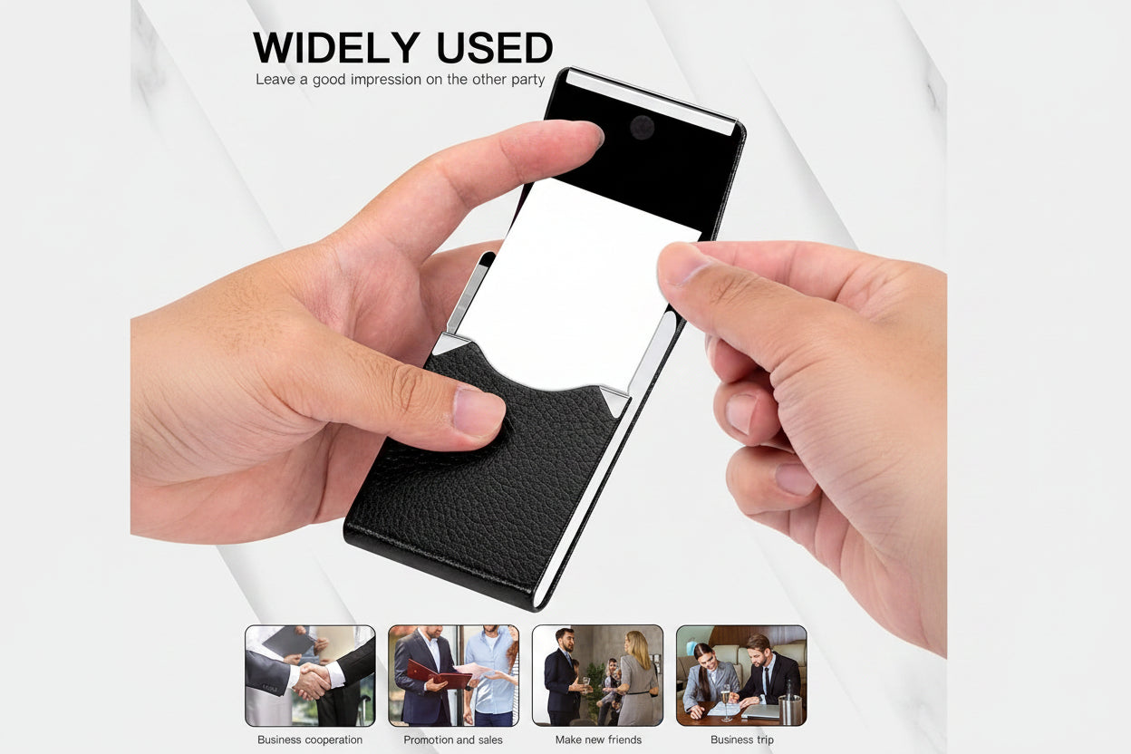 Professional Business Card Holder Leather Business Card Case Name Card Holder Slim Metal Pocket Card Holder with Magnetic Shut (Black)