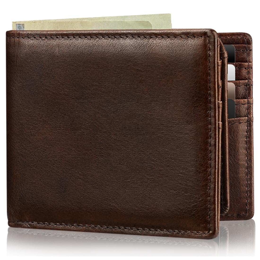 Men's Genuine Leather RFID Bifold Wallet 13 Card Slots Brown Gift Box