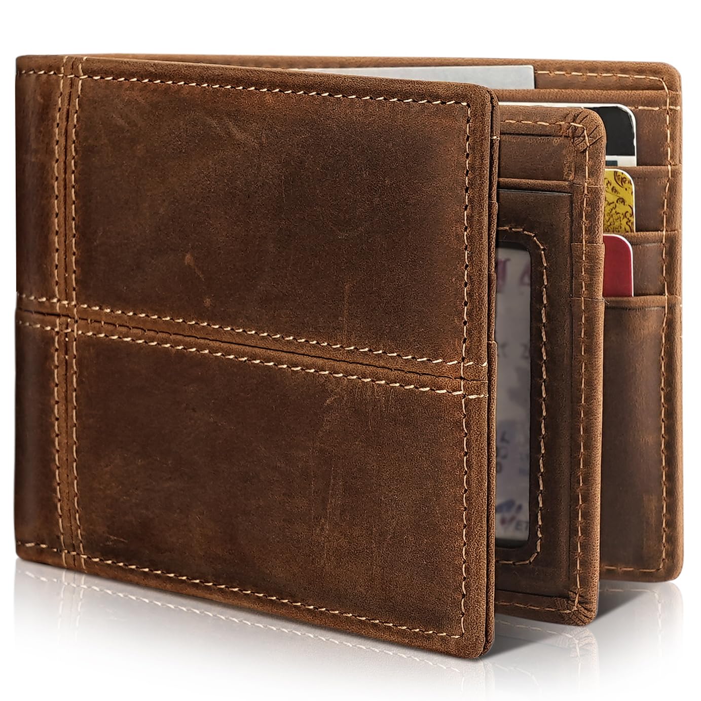 Men's Genuine Leather RFID Bifold Wallet 13 Card Slots Brown Gift Box