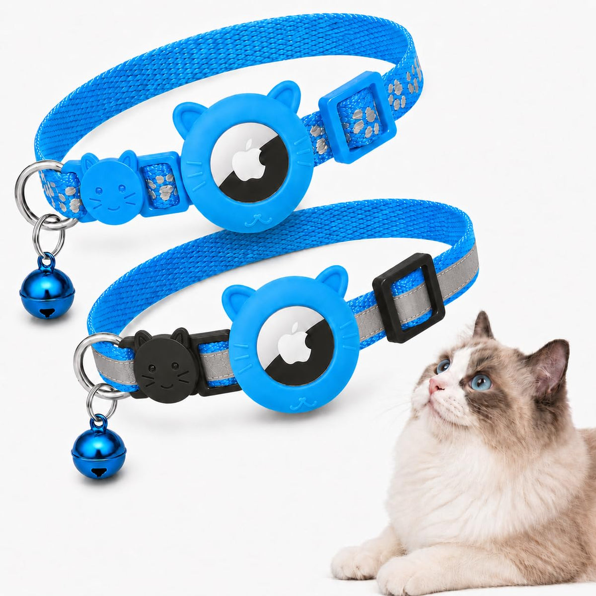 Breakaway AirTag Cat Collar 2-Pack – Reflective Nylon Collars with Bell & Silicone Holder