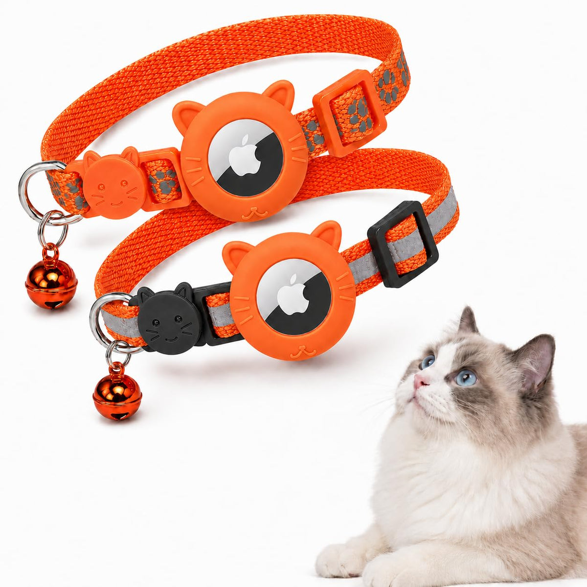 Breakaway AirTag Cat Collar 2-Pack – Reflective Nylon Collars with Bell & Silicone Holder