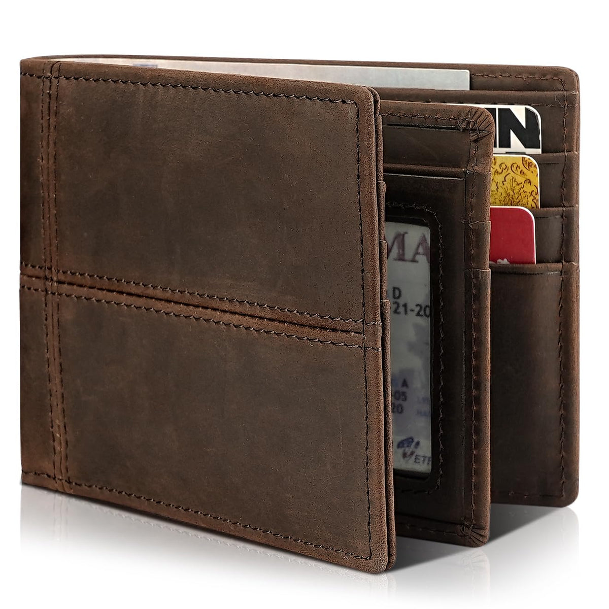 Men's Genuine Leather RFID Bifold Wallet 13 Card Slots Brown Gift Box