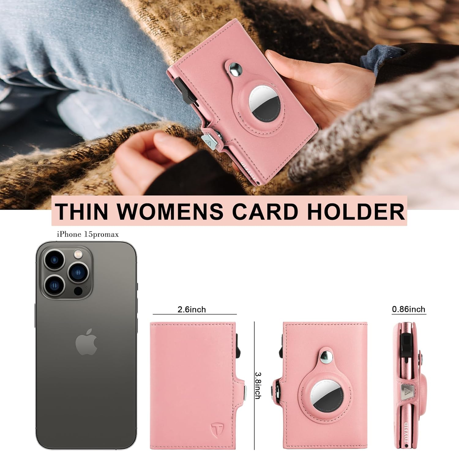 Tri-Fold Leather AirTag Wallet for Women – RFID Blocking, Pop-Up Card Holder & Built-In Mirror