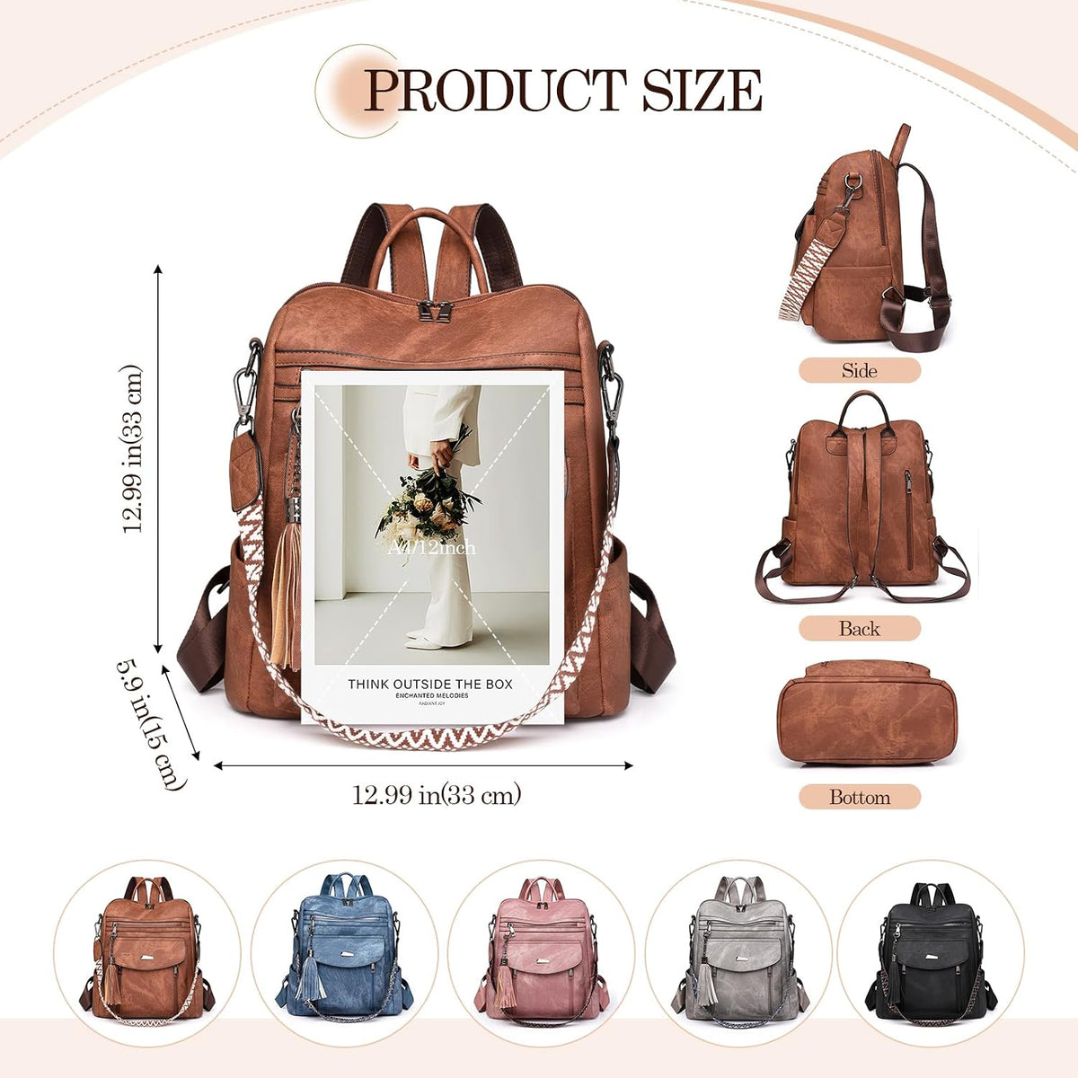 Backpack purse size guide, 12.99 in wide, 12.99 in tall and 5.9 in deep, with side, back and bottom views and five colors