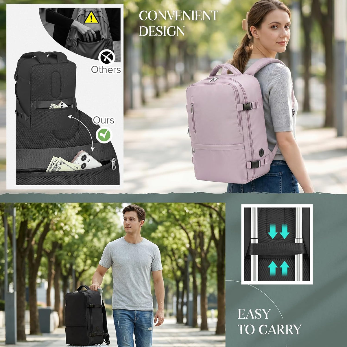 Woman wearing the backpack beside a comparison of its easy-access bottom pocket, and a man pulling it on a suitcase with the luggage strap