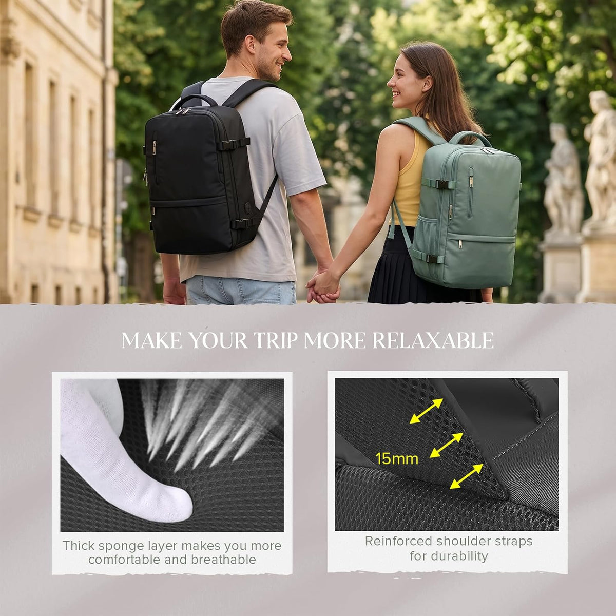 Couple wearing black and green personal item backpacks, with close-ups of the padded back panel and reinforced shoulder straps