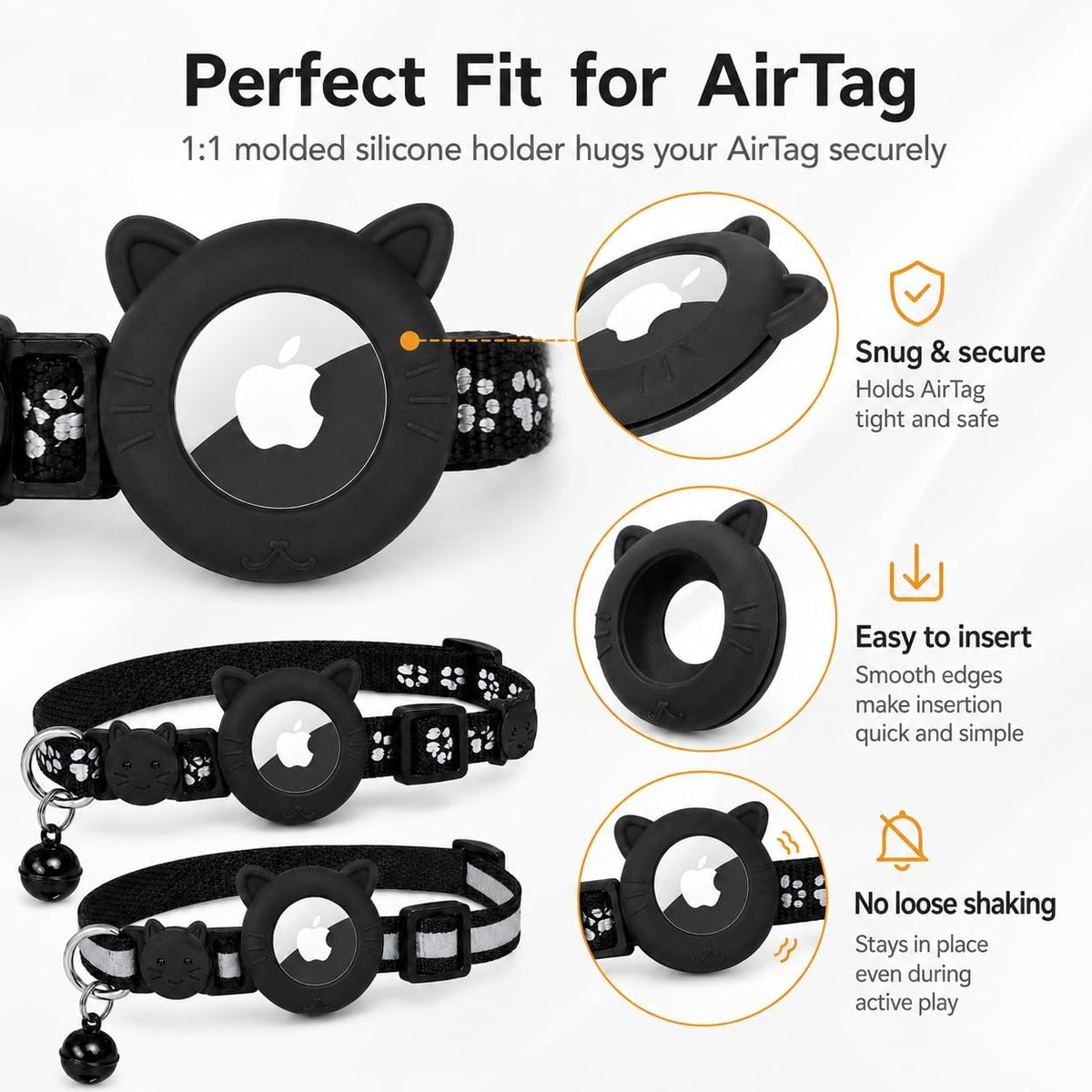 AirTag cat collar infographic showing snug molded silicone holder, easy insertion and no loose shaking