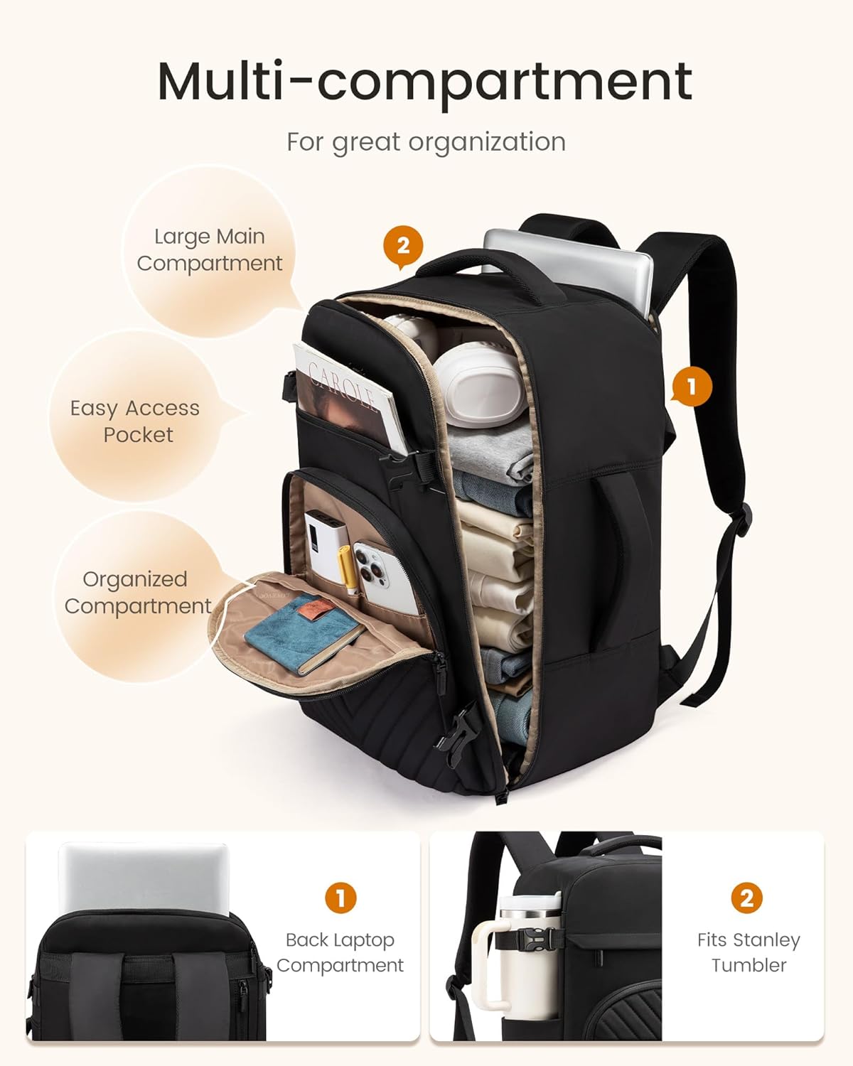 LOVEVOOK 50L Travel Backpack for Women Men, TSA Personal Item Travel Bag Fits 17.3inch Laptop, Waterproof Airline Approved Carry On Luggage With 2 Cubes for Weekender Hiking Business, Black