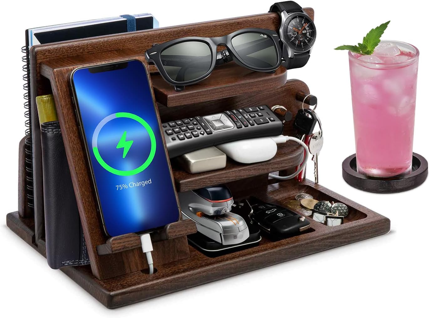 Wood Phone Docking Station with Drawer Nightstand Desk Organizer