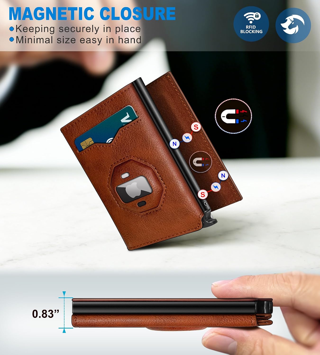 Airtag Wallet for Men,with Cash Pocket 2 ID Window 10+ Cards,Metal Case Smart Slim Pop Up Credit Card Holder Flip with Magnetic Closure RFID Blocking Trifold Leather wallet with Gift Box