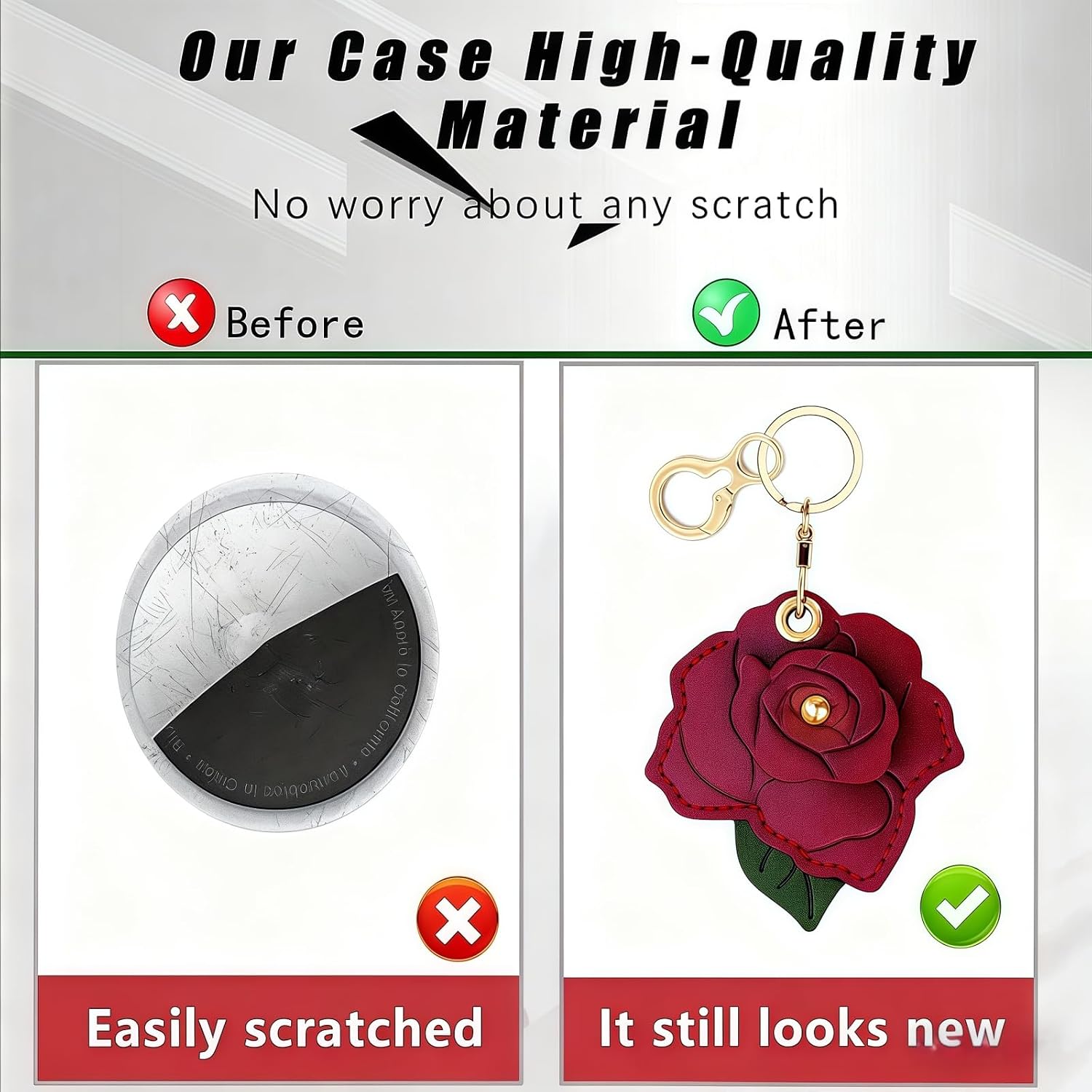 Rose AirTag Leather Case Keychain, Protective Holder Metal Key Ring for AirTag, Scratch-Resistant Cover Keys Bag Luggage