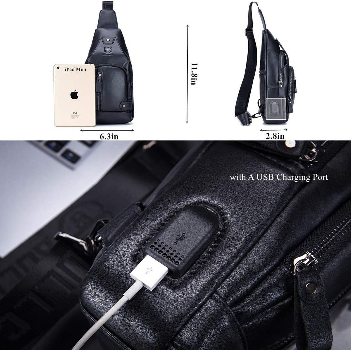 Sling bag dimensions of 11.8 by 6.3 inches next to an iPad mini, with a close-up of the external USB charging port