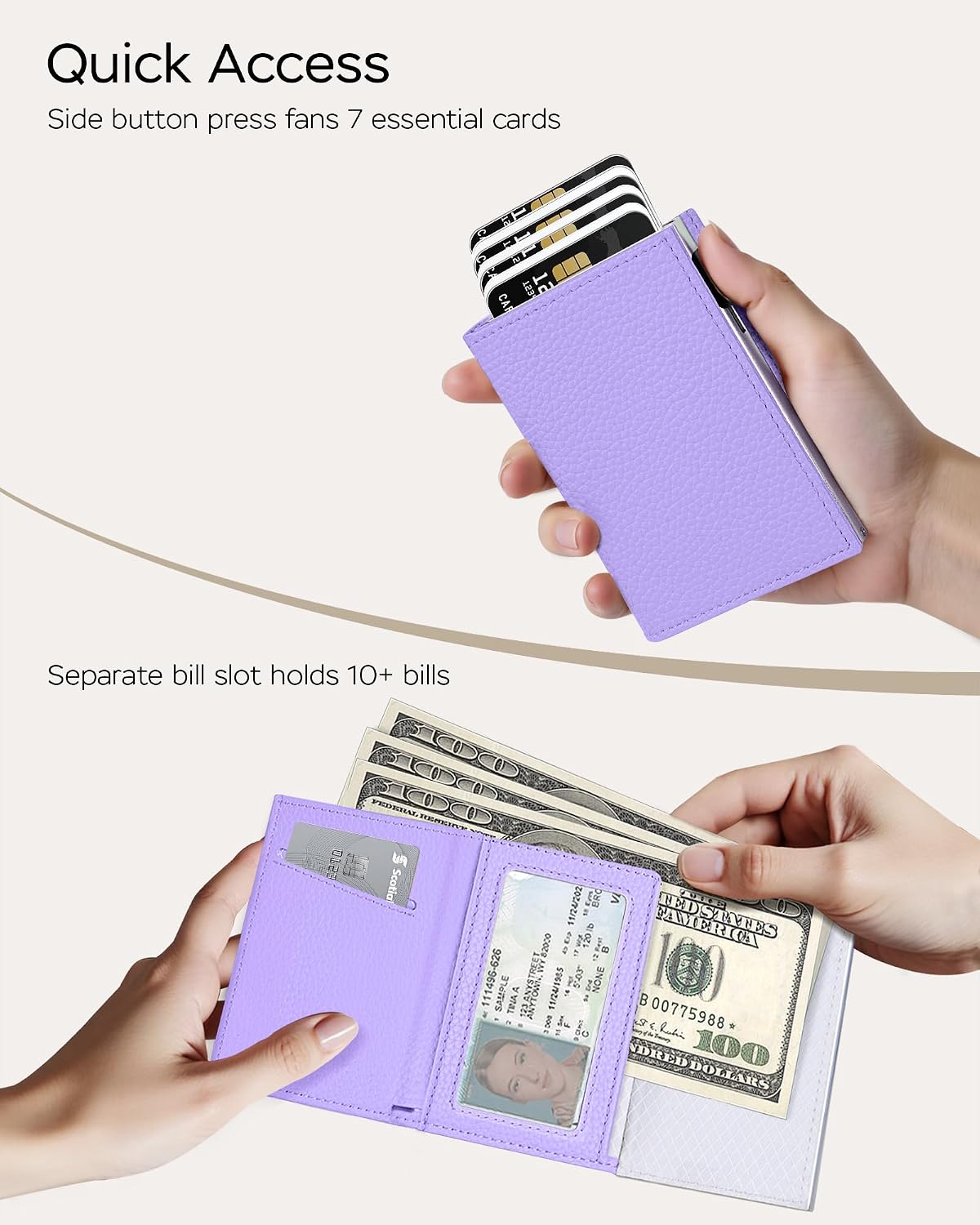 RFID Wallet Women - Small Slim Trifold Leather Wallet with Metal Pop Up Card Holder, 2026 Trendy Lavender Purple, Holds 11 Cards 10+ Bills, ID Window Cash Slot, Gift for Her