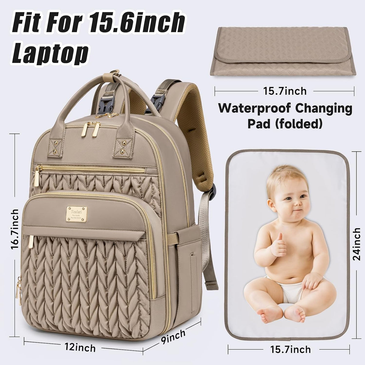 Diaper bag backpack size guide showing 15.6-inch laptop fit and folded changing pad