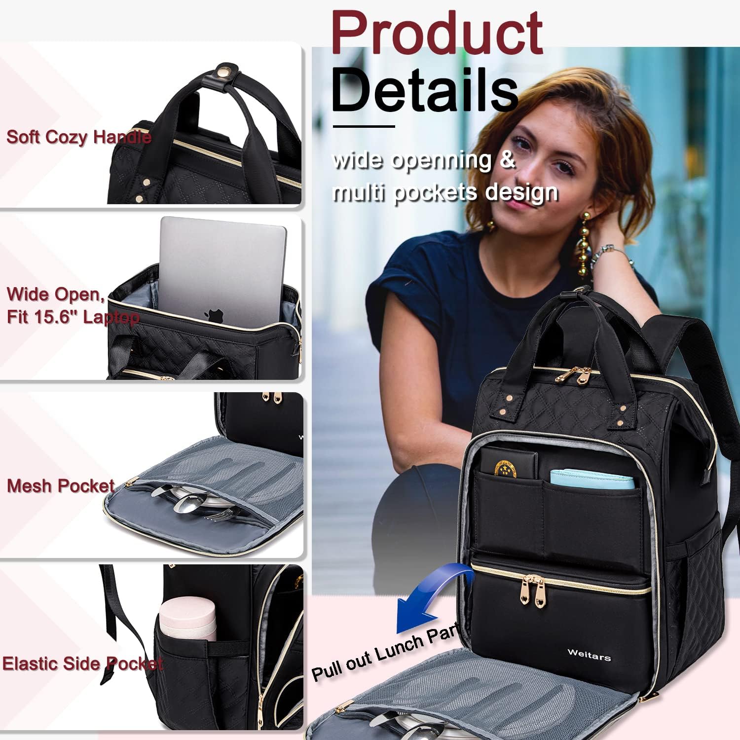 Weitars Lunch Backpack for Women,15.6 Inch Laptop Backpacks with Lunch Box