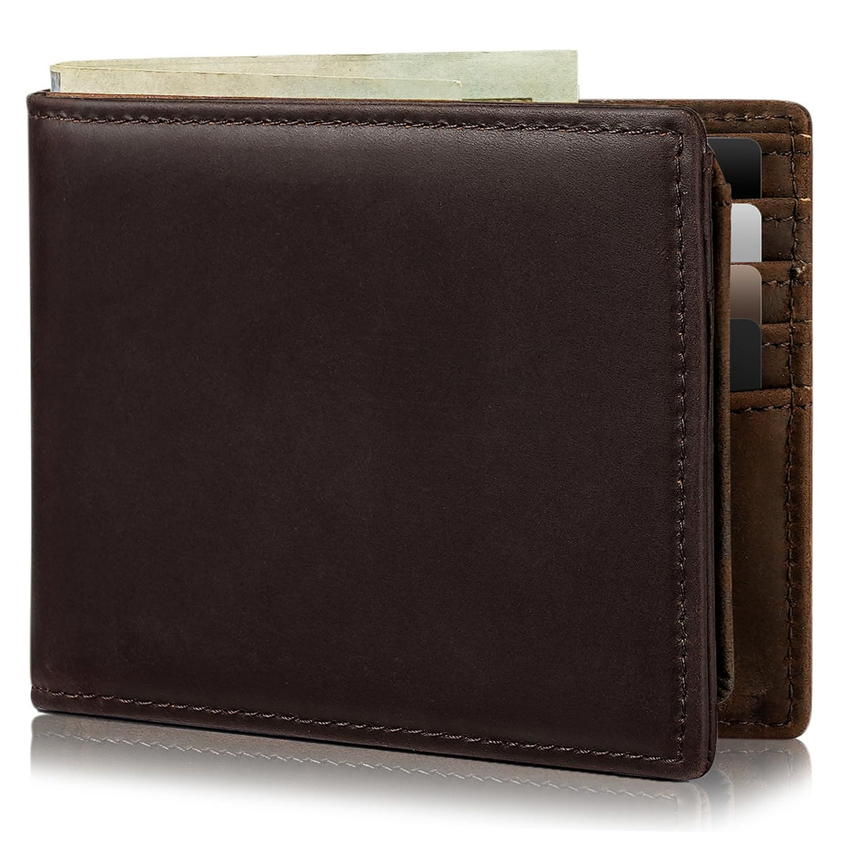 Men's Genuine Leather RFID Bifold Wallet 13 Card Slots Brown Gift Box
