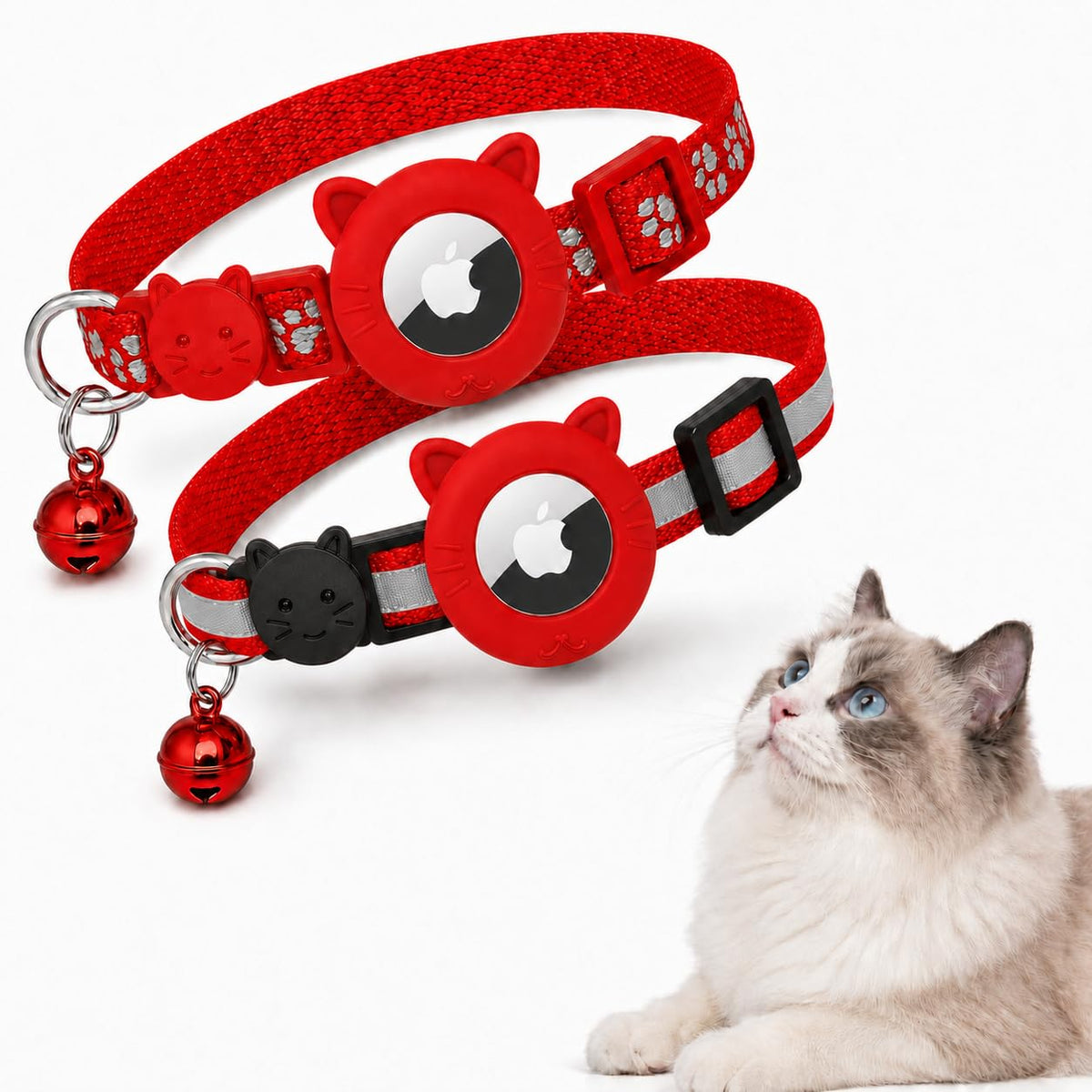 Breakaway AirTag Cat Collar 2-Pack – Reflective Nylon Collars with Bell & Silicone Holder