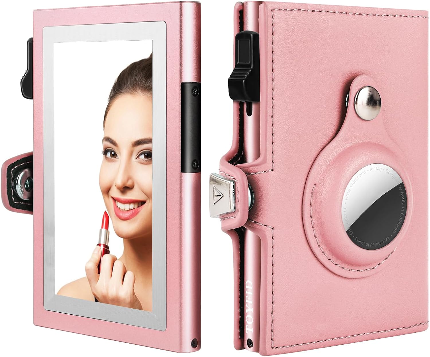 Tri-Fold Leather AirTag Wallet for Women – RFID Blocking, Pop-Up Card Holder & Built-In Mirror