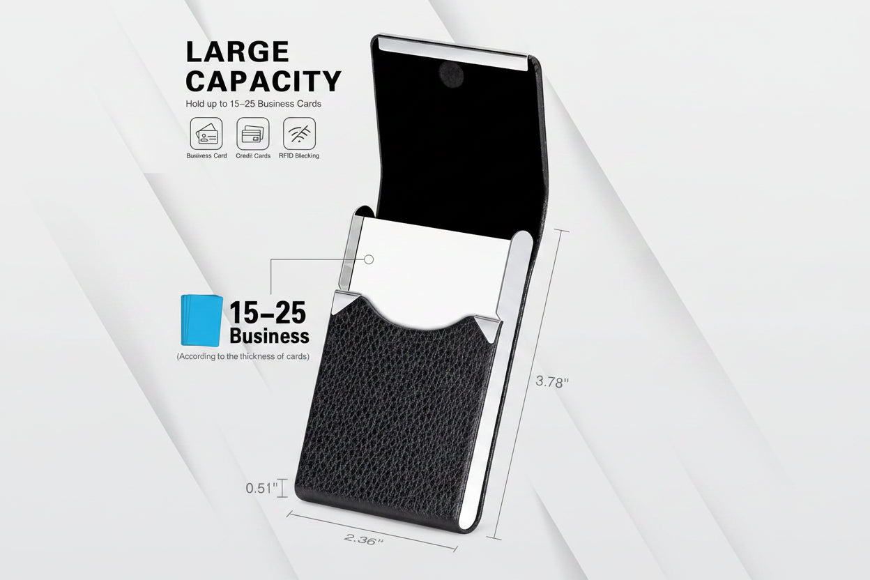  Professional Business Card Holder Leather Business Card Case Name Card Holder Slim Metal Pocket Card Holder with Magnetic Shut (Black)