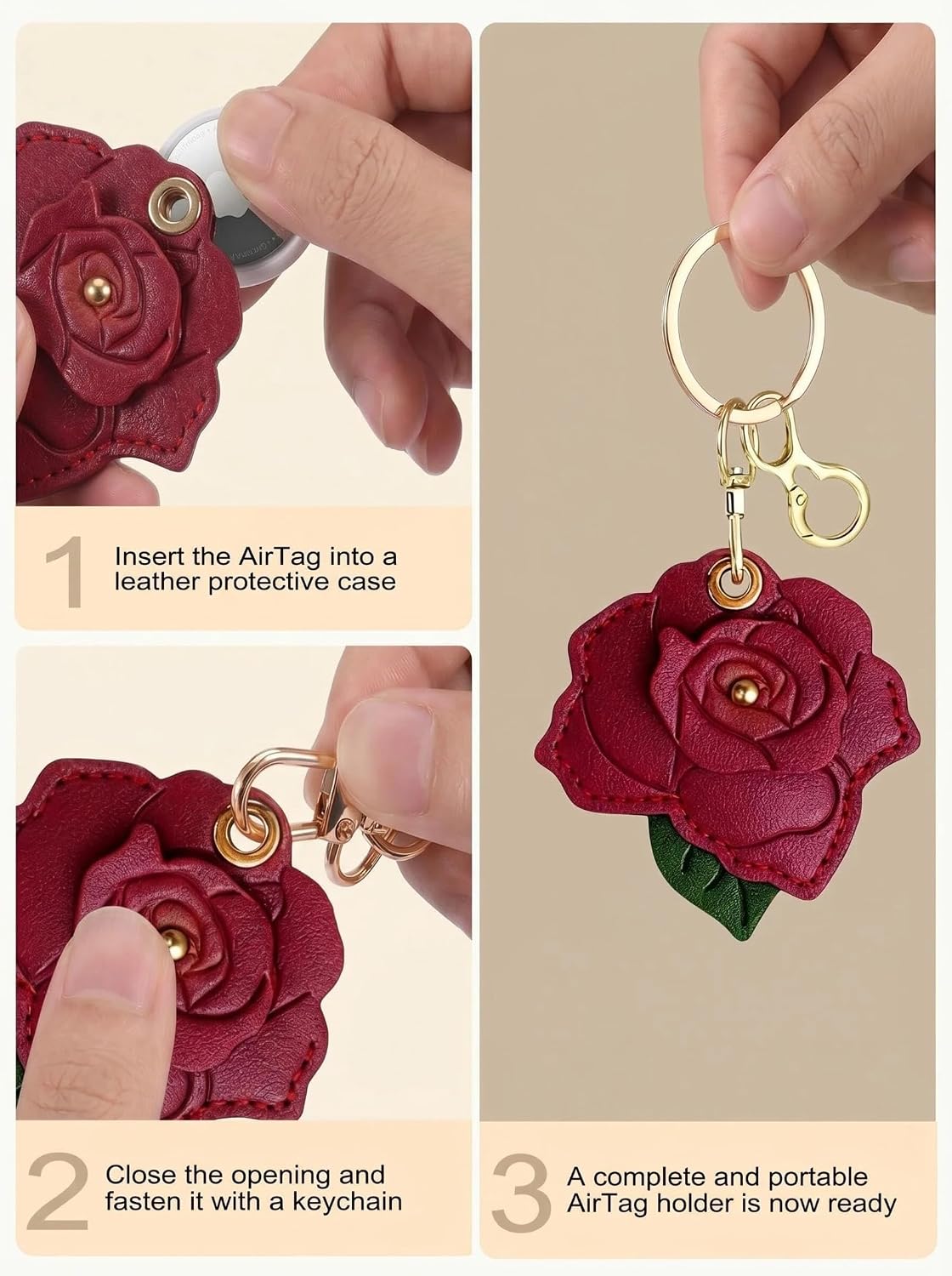 Rose AirTag Leather Case Keychain, Protective Holder Metal Key Ring for AirTag, Scratch-Resistant Cover Keys Bag Luggage