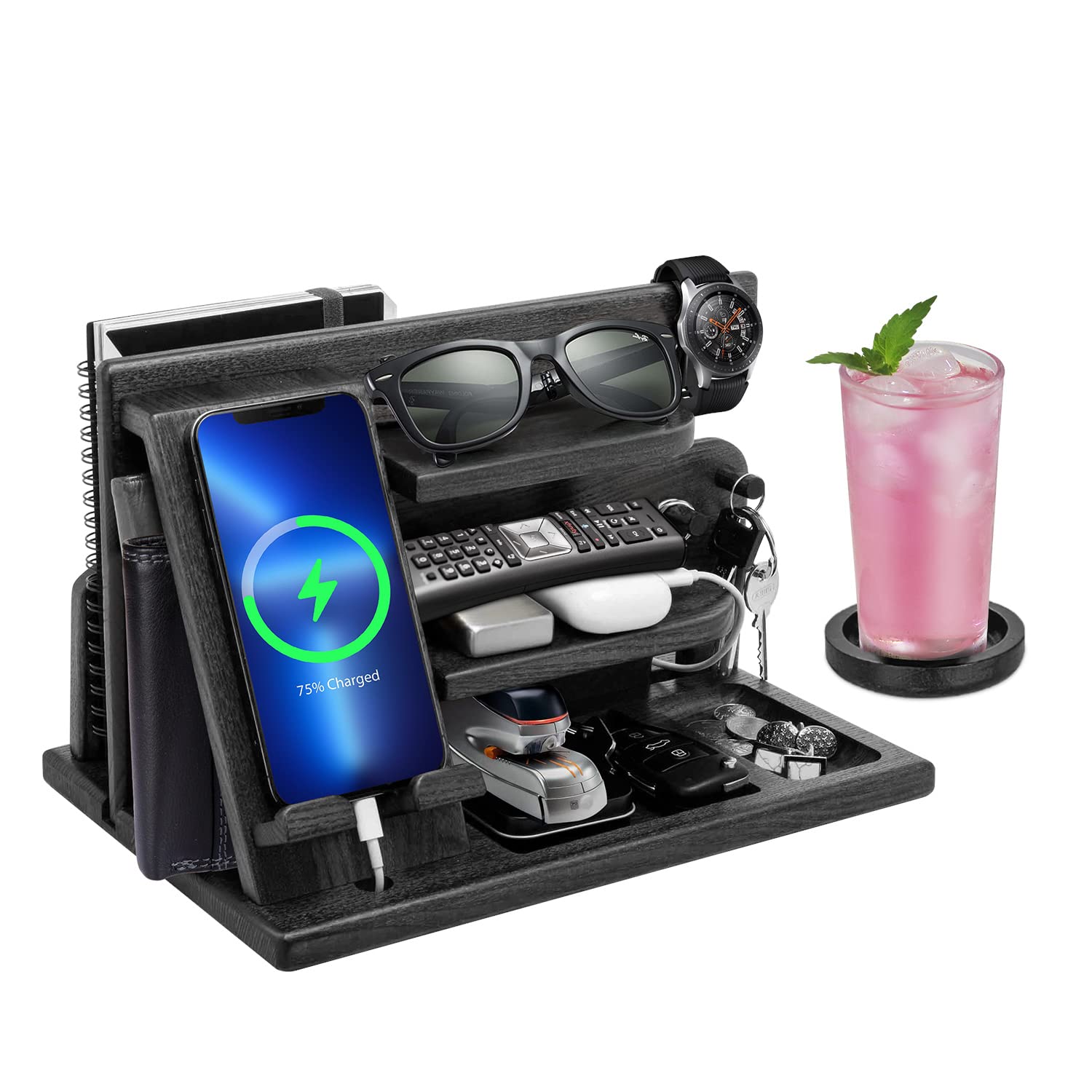 Wood Phone Docking Station with Drawer Nightstand Desk Organizer