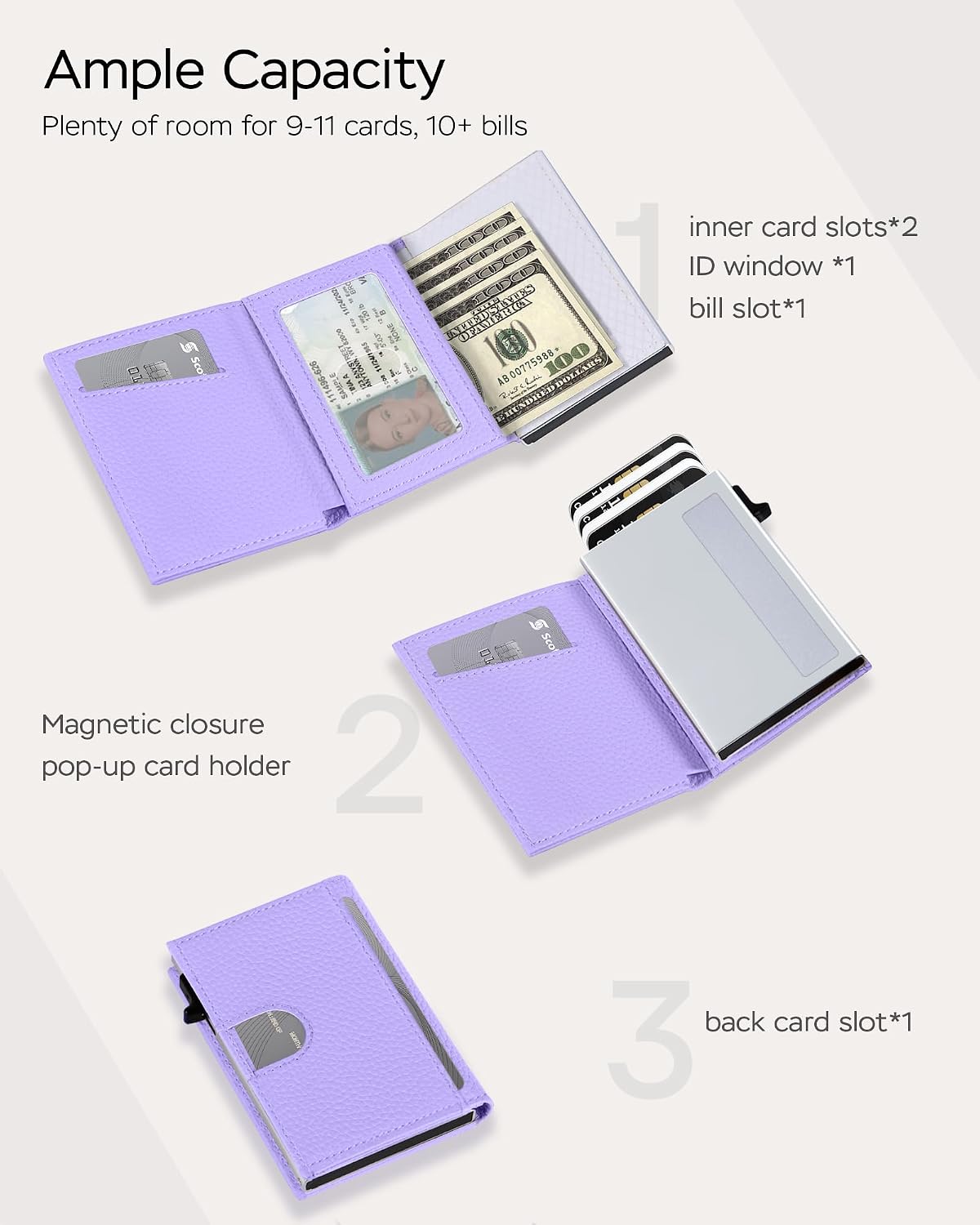 RFID Wallet Women - Small Slim Trifold Leather Wallet with Metal Pop Up Card Holder, 2026 Trendy Lavender Purple, Holds 11 Cards 10+ Bills, ID Window Cash Slot, Gift for Her