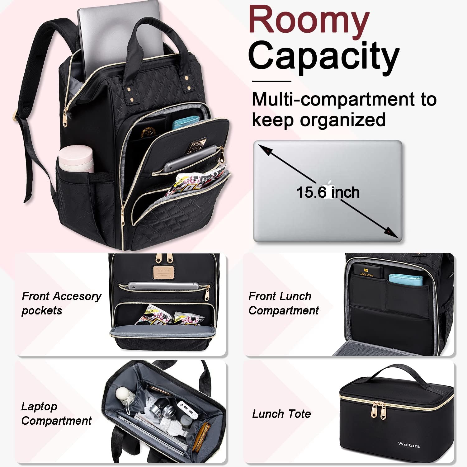 Weitars Lunch Backpack for Women,15.6 Inch Laptop Backpacks with Lunch Box
