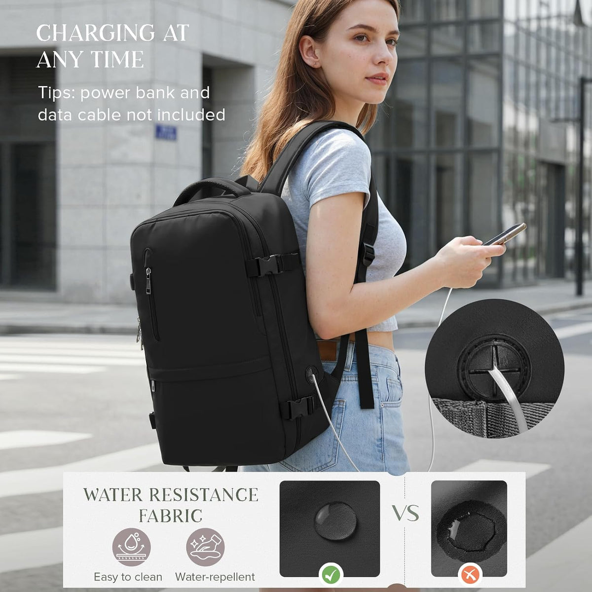Woman wearing the black backpack while charging her phone through the external USB port, with water-resistant fabric detail