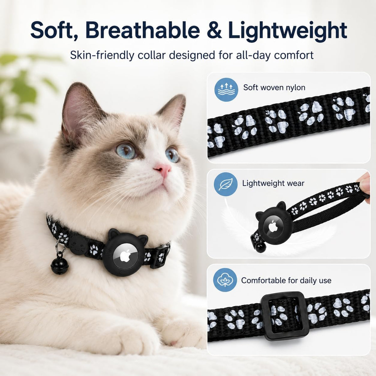 Soft lightweight nylon cat collar with AirTag holder worn by a ragdoll cat