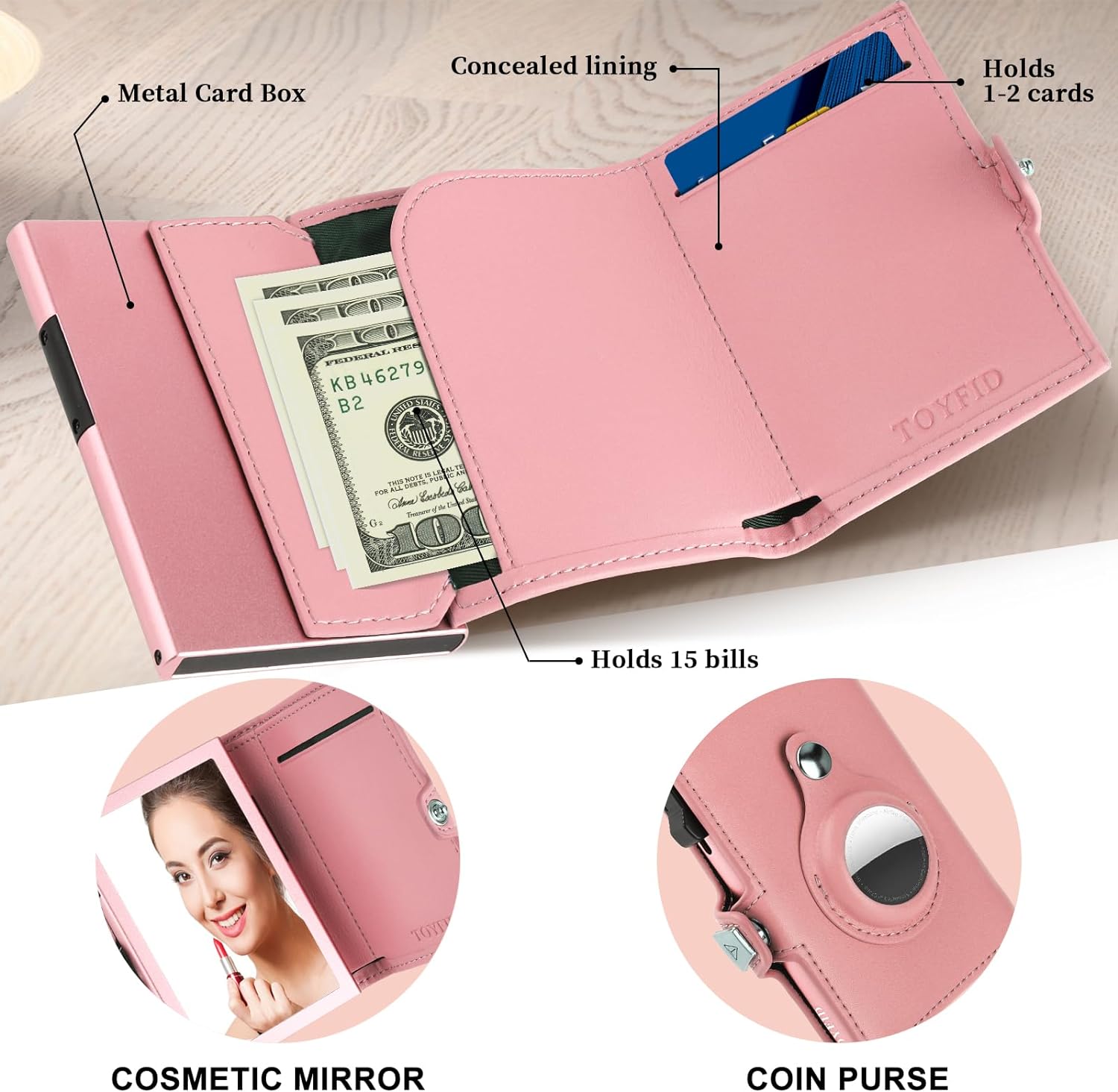 Tri-Fold Leather AirTag Wallet for Women – RFID Blocking, Pop-Up Card Holder & Built-In Mirror