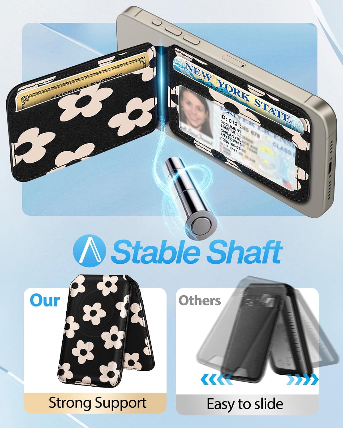  Compatible with Magsafe Wallet for Magnetic Fold Card Holder for Women - Cute Phone Wallet for iPhone 17/16/15/14/13/12 Series,RFID Blocking Stand Printed Leather Fit 4 Cards,Black Flower