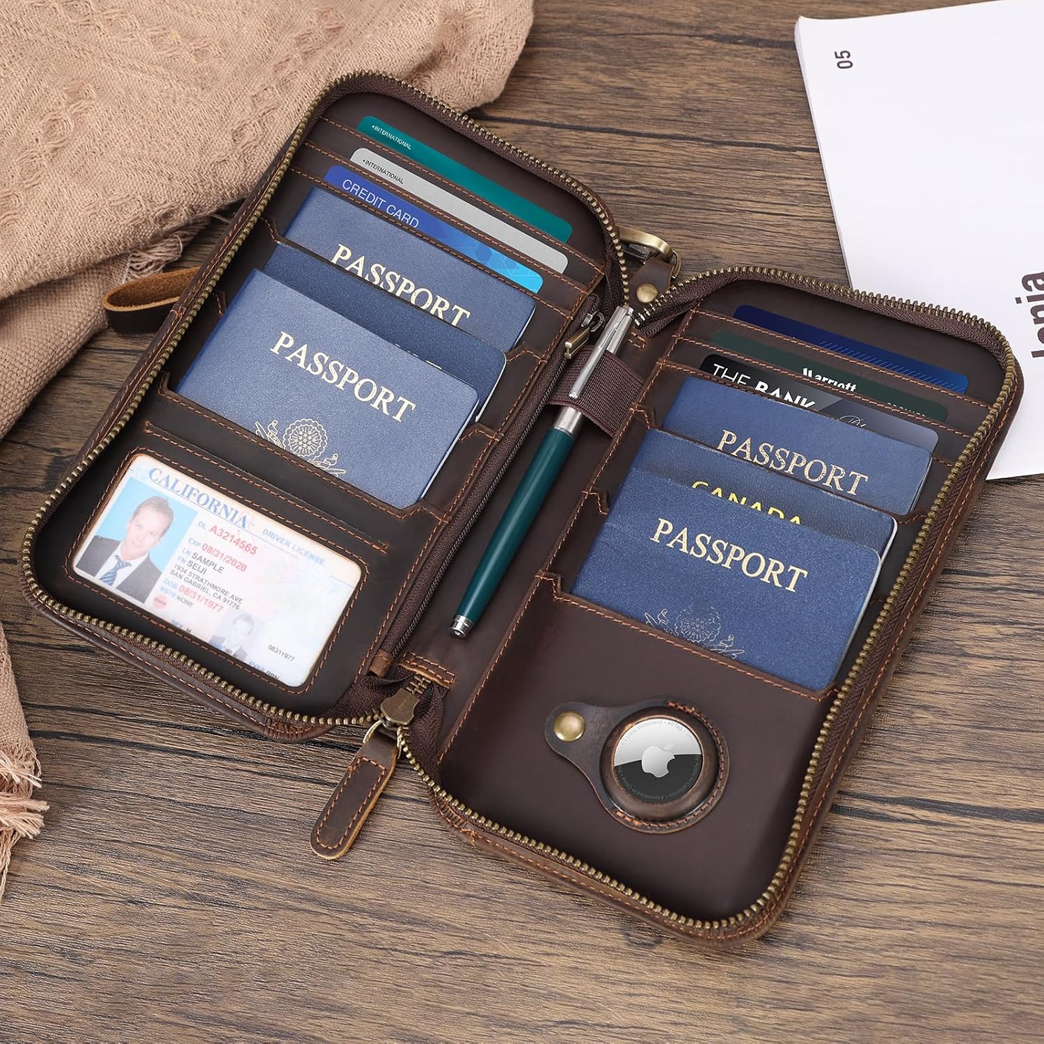Polare Full Grain Leather Family Passport Holder Travel Wallet and Documents Organizer RFID Blocking Case Fits 6 Passports (Dark Brown with AirTag Slot)